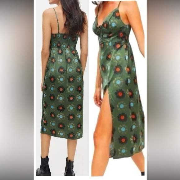 Urban Outfitters Mariah Green Floral Satin Slip Dress Side Slit - Picture 3 of 7